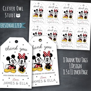 Mickey Mouse and Minnie Mouse Thank You Tags, Birthday Party, Tags, Favors Tags, Modern, Classic, DIY, Printables, Personalized, Digital