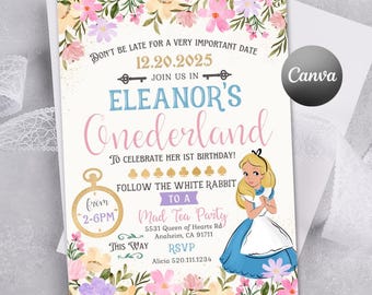 May include: A rectangular birthday invitation card featuring a floral border, a gold pocket watch, and a cartoon character in a blue dress. Text includes: DON'T BE LATE FOR A VERY IMPORTANT DATE, 12.20.2025, ELEANOR'S Onederland, 1ST BIRTHDAY, FOLLOW THE WHITE RABBIT.