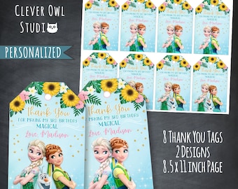 Frozen Fever Thank You Tags, Frozen Fever Tags, Frozen Fever Party, Frozen Fever Tags, Anna and Elsa Tags, Printables, Personalized, Digital