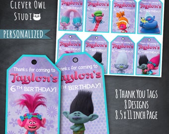 Personalized Trolls Birthday Thank You Tags (Digital)