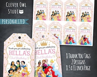 Princess Thank You Tags, Princess Tags, Princess Party, Pink Gold Crown Tags, Anna Elsa Tags, Belle Tags, Printables, Personalized, Digital
