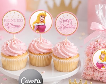 May include: Three cupcakes with pink frosting on a white stand, each topped with a circular card featuring gold glitter borders. One card says Princess Elliana, one shows a blonde princess, and one says Happy Birthday. A clear bag of pink popcorn sits nearby.