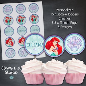 Little Mermaid Cupcake Toppers, Little Mermaid Circle Tags, Princess Ariel, Mermaid Cupcake Toppers, Printables, Digital, Personalized