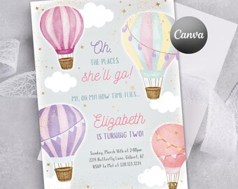 Könnte beinhalten: Eine rechteckige Geburtstagseinladungskarte mit vier Aquarell-Heißluftballons in Rosa-, Lila- und Pastelltönen, weißen Wolken und goldenen Sternen. Der Text lautet: Oh, the places she'll go! My, oh my! How time flies... Elizabeth is turning two!