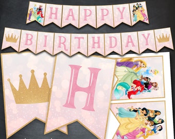 Princess Birthday Banner, Princess Banner, Princess Party, Princess Printable, Princess Crown Banner, Flags, Digital, Instant Download, DIY