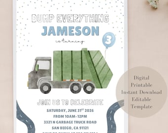 Garbage Truck Birthday Invitation, Editable Template, Instant Download