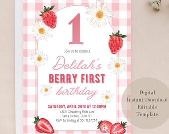 Berry First Birthday Invitation, Strawberry 1st Birthday, Pink Gingham, Editable Template (Digital Download)