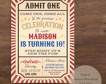 Circus Ticket Invitation, Carnival Birthday Party, Editable Template (Digital Download)