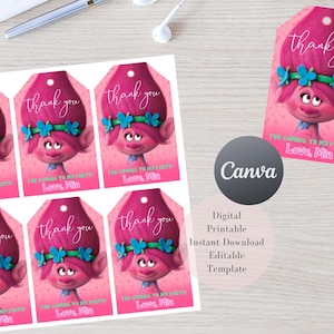 May include: A sheet of pink gift tags featuring a cartoon character with pink skin, blue hair, and a blue headband. The tags say "thank you" and "Love, Mia". The Canva logo and text are also visible.