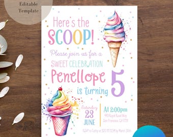 Może przedstawiać: Prostokątne zaproszenie z akwarelowymi ilustracjami dwóch rożków lodowych z pastelowymi zawijasami. Tekst brzmi: Here's the SCOOP! Please join us for a SWEET CELEBRATION Penellope is turning 5, Saturday 23 JUNE at 2:00pm.