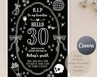 RIP 20s Hello 30 Invitation, Black and White Doodle Party Template (Digital)