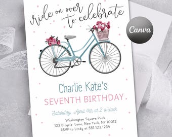 May include: A white birthday invitation card featuring a light blue bicycle with pink floral baskets, pink polka dots, and black text reading Ride on over to celebrate, Charlie Kate's SEVENTH BIRTHDAY, Saturday, April 4th at 2 o'clock, Washington Square Park.