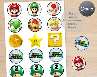 Super Mario Cupcake Toppers, Birthday Party Favors, Editable Template (Digital)