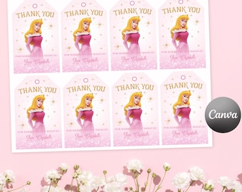 May include: A sheet of eight rectangular gift tags with rounded tops, featuring a blonde princess in a pink dress, gold text reading THANK YOU, FOR MAKING MY DAY MAGICAL, and Love Elizabeth, set against a pink background with gold star accents.