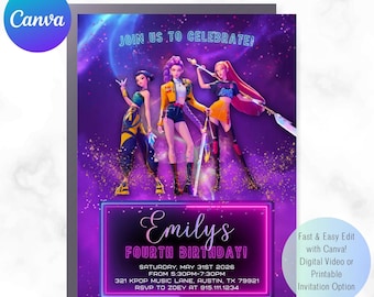 Kpop Girls Birthday Invitation, Video Invitation, Huntrix Party (Digital, Printable)
