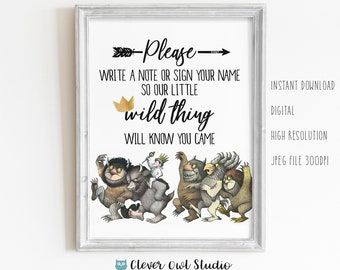 Where The Wild Things Are Book Sign, Birthday Party Sign, Sign Your Name, Memory Book, Crown, Printable, Instant Download, Digital Sign