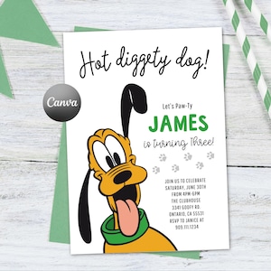 May include: A rectangular birthday invitation card featuring a cartoon dog with yellow fur, black ears, and a green collar. The text reads Hot diggety dog! Let's Paw-Ty JAMES is turning Three! along with event details including date, time, and address.