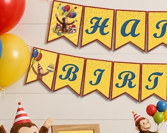 May include: A Curious George themed birthday party set featuring a yellow pennant banner with blue text reading HAPPY BIRTHDAY, a plush monkey, a cake with a monkey topper, party hats, cookies, gift boxes, and a sign saying Let's have some FUN.