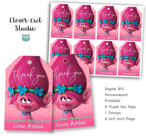 Personalized Trolls Thank You Tags, Poppy Party Printables (Digital)