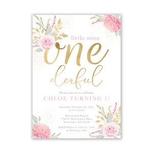 Little Miss ONEderful Birthday Invitation, First Birthday Invitation, Floral First Birthday Invitation, Flowers Invite, Digital, Printable