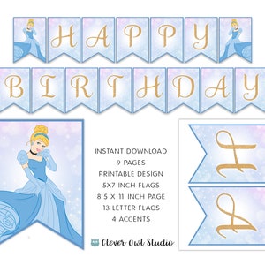 Cinderella Birthday Banner, Blue Princess Banner, Cinderella Party, Princess Printable, Princess Banner, Digital, Instant Download, DIY