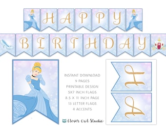 Cinderella Birthday Banner, Princess Party Decor (Digital Download)