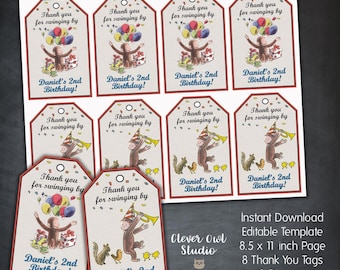 Curious George Thank You Tags, Instant Download, Editable Template (Digital File)