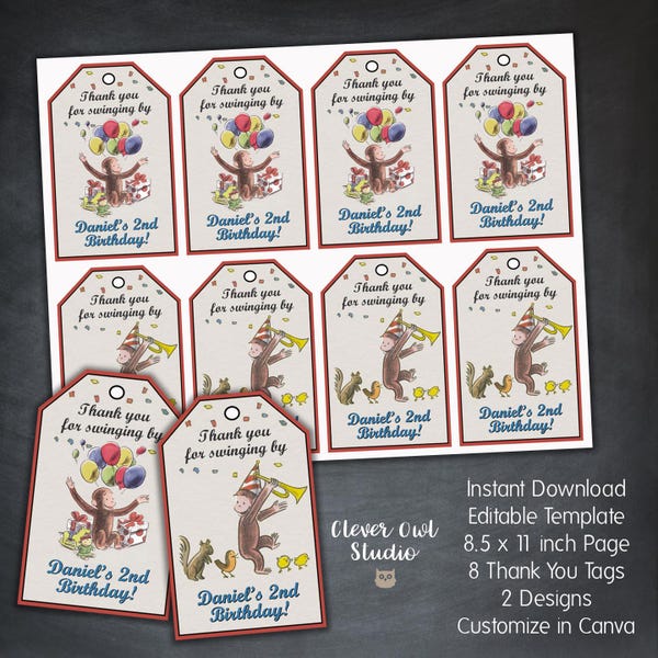 Curious George Danke Tags, sofortiger Download, bearbeitbare Vorlage (digitale Datei)