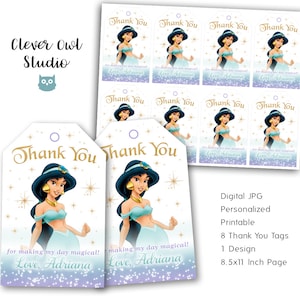 Princess Jasmine Thank You Tags, Princess Jasmine Tags, Jasmine Party, Princess Jasmine Favors, Printables, Aladdin, Personalized, Digital