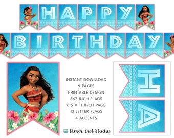 Moana Birthday Banner, Princess Party Decor (Digital Download)