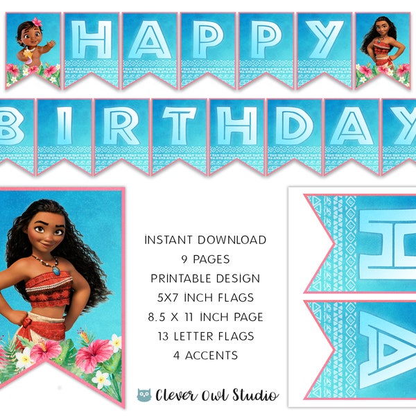 Moana Birthday Banner, Princess Moana Banner, Moana Party, Princess Moana Printable, Blue Birthday Banner, Digital, Instant Download, DIY