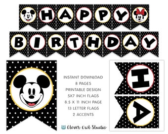 Baner urodzinowy Myszki Minnie, dekoracja na imprezę do druku (do pobrania w wersji cyfrowej)