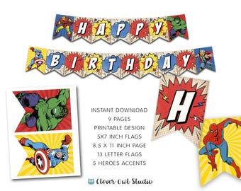 Banner de cumpleaños de superhéroes de cómics, fiesta de los Vengadores, decoración imprimible (descarga digital)