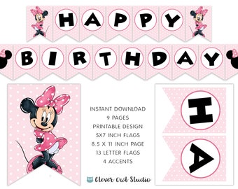 Banner de cumpleaños de Minnie Mouse, decoración rosa para fiesta (descarga digital)