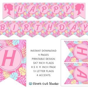 Malibu Doll Birthday Banner, Pink Doll Birthday Banner, Pink Doll Birthday Party, Printables, Bunting Flags, Digital, Instant Download, DIY