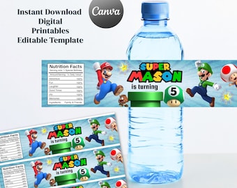Super Mario Birthday Bottle Labels, Editable Template (Digital DIY)