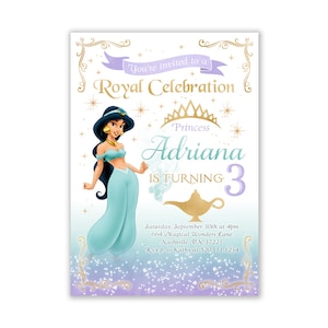 Princess Jasmine-uitnodiging, Princess Jasmine-verjaardagsuitnodiging, Aladdin-uitnodiging, Jasmine 1e verjaardag, Royal Party, digitale uitnodigingen