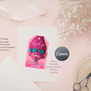 May include: A pink thank you tag featuring a cartoon character with pink hair and blue flowers. The tag reads "thank you" in cursive and "For coming to my party Love, Mia". The image also includes text that says "1 Design, 8 per page, 8.5x11 inches, Customize & Personalize with Canva".