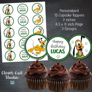 May include: Personalized cupcake toppers featuring Pluto, with the text "Happy birthday LUCAS". The toppers are 2 inches in diameter and come in 3 designs. The image also shows three cupcakes with chocolate frosting.