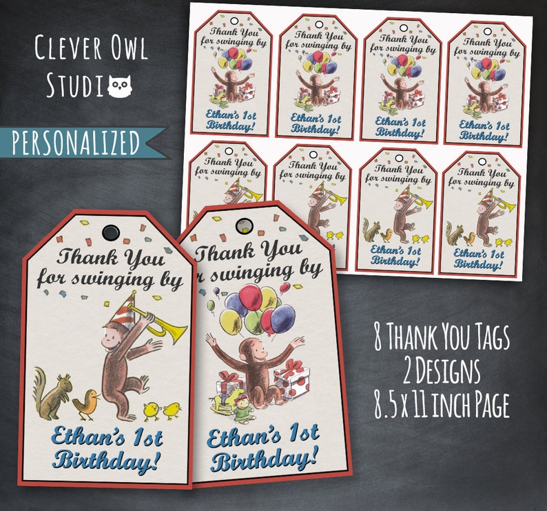 Curious George bedankkaartjes, direct downloaden, bewerkbare sjabloon (digitaal bestand) afbeelding 3
