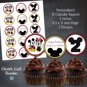 Mickey Mouse Twodles Cupcake Toppers, Minnie Mouse Twodles Cupcake Toppers, Minnie Mickey Mouse Birthday Party, Favors, Personalized, DIY