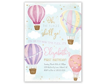 Hot Air Balloons Invitation, Pink Hot Air Balloon Birthday Party, Hot Air Balloon Party, Invites, oh the places, DIY, Digital Printable