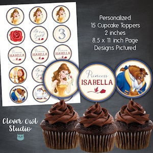 Die Schöne und Das Biest Cupcake Toppers, Die Schöne und Das Biest Kreis Tags, Princess Belle Cupcake Toppers, Printables, Digital, Personalisiert