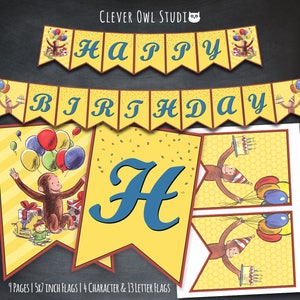 Curious George Banner, Curious George Birthday Banner, Curious George Party, Classic Curious George, Happy Birthday, Printable, Digital, DIY