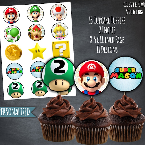 Super Mario Cupcake Toppers, Super Mario Party, Super Mario Gastgeschenke, Favor Tags, Printables, personalisiert, Digital, DIY