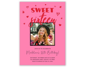 Sweet Sixteen Invitation, 16th Birthday Invitation, 16th Birthday, 16th Glow Invite, Sweet Sixteen Party, Selfies, Digital, Red and Pink