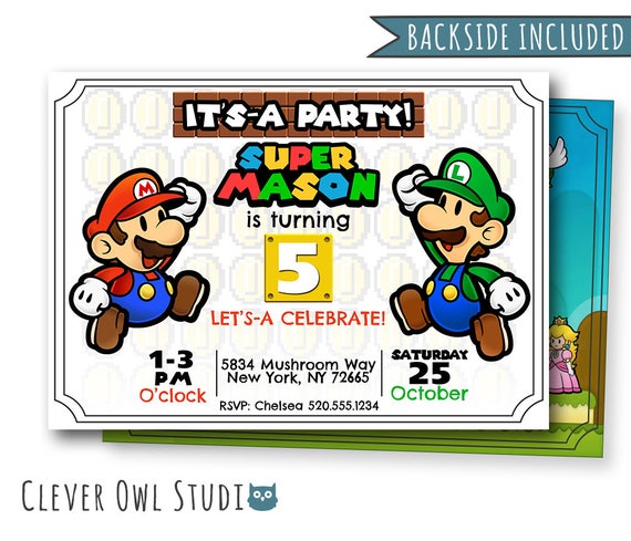 Super Mario Birthday Invitation, Personalized Super Mario