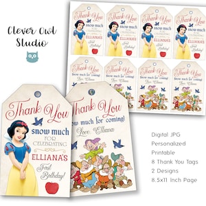 Etiquetas de agradecimiento de Blancanieves, Princesa Blancanieves, Fiesta de Blancanieves, Etiquetas de los Siete Enanitos, Cumpleaños de Blancanieves, Imprimibles, Personalizadas, Digitales