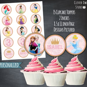 Princess Cupcake Toppers, Princess Circle Tags, Princess Party, Princess Favors, Pink Gold Glitter Cupcakes, Printables, Crown, Digital, DIY