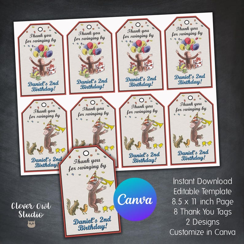 Curious George bedankkaartjes, direct downloaden, bewerkbare sjabloon (digitaal bestand) afbeelding 2